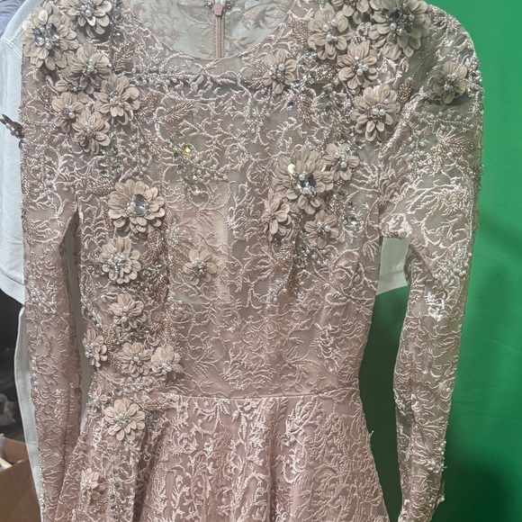 Mac Duggal $998 Embellished Illusion Long Sleeve A Line Gown - mocha Lace weddin - Picture 3 of 12